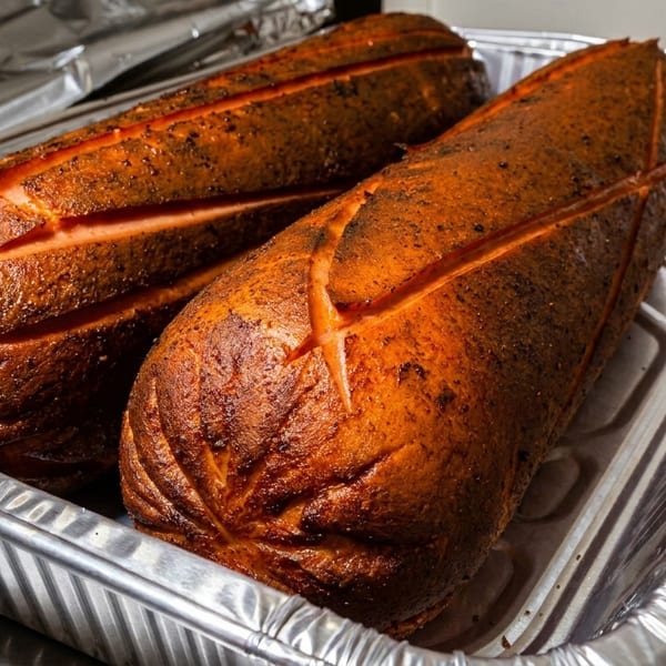Two large, scored, seasoned meat loaves in a foil pan, ready for cooking.
