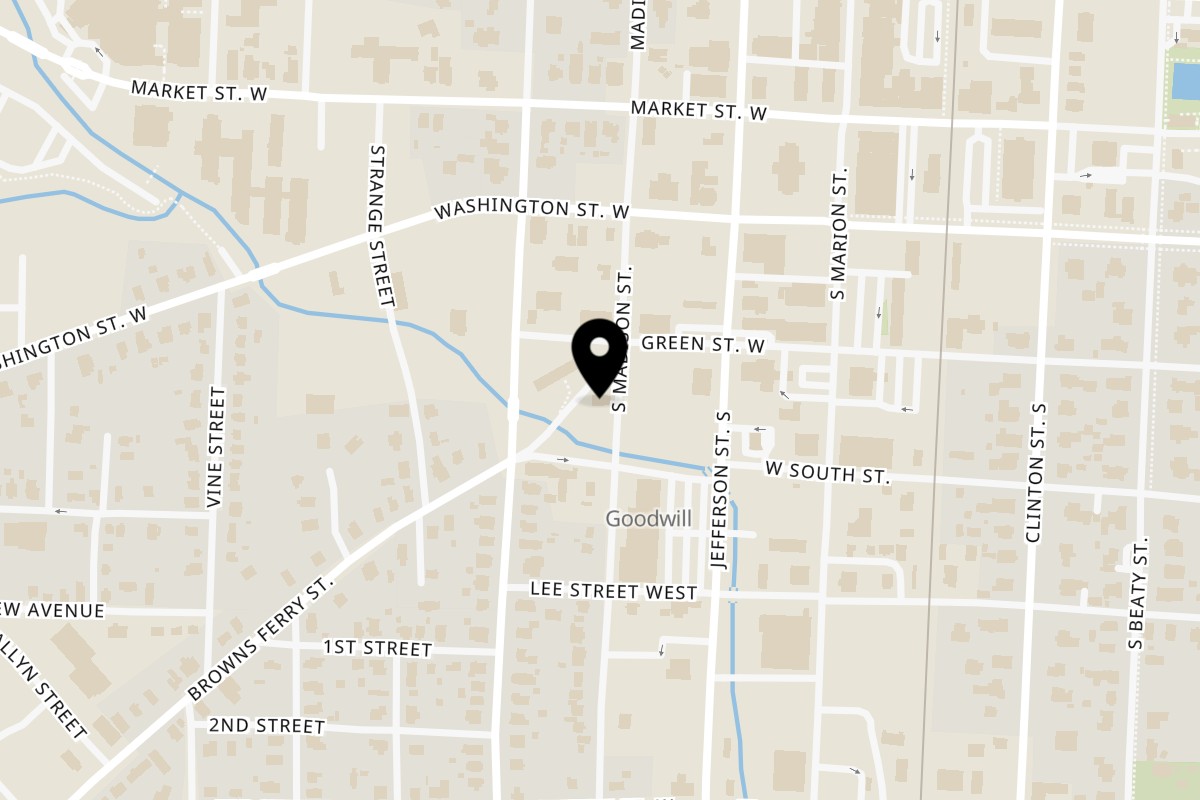 Map showing the location of BawBaw's BBQ on 310 S Madison St in Athens